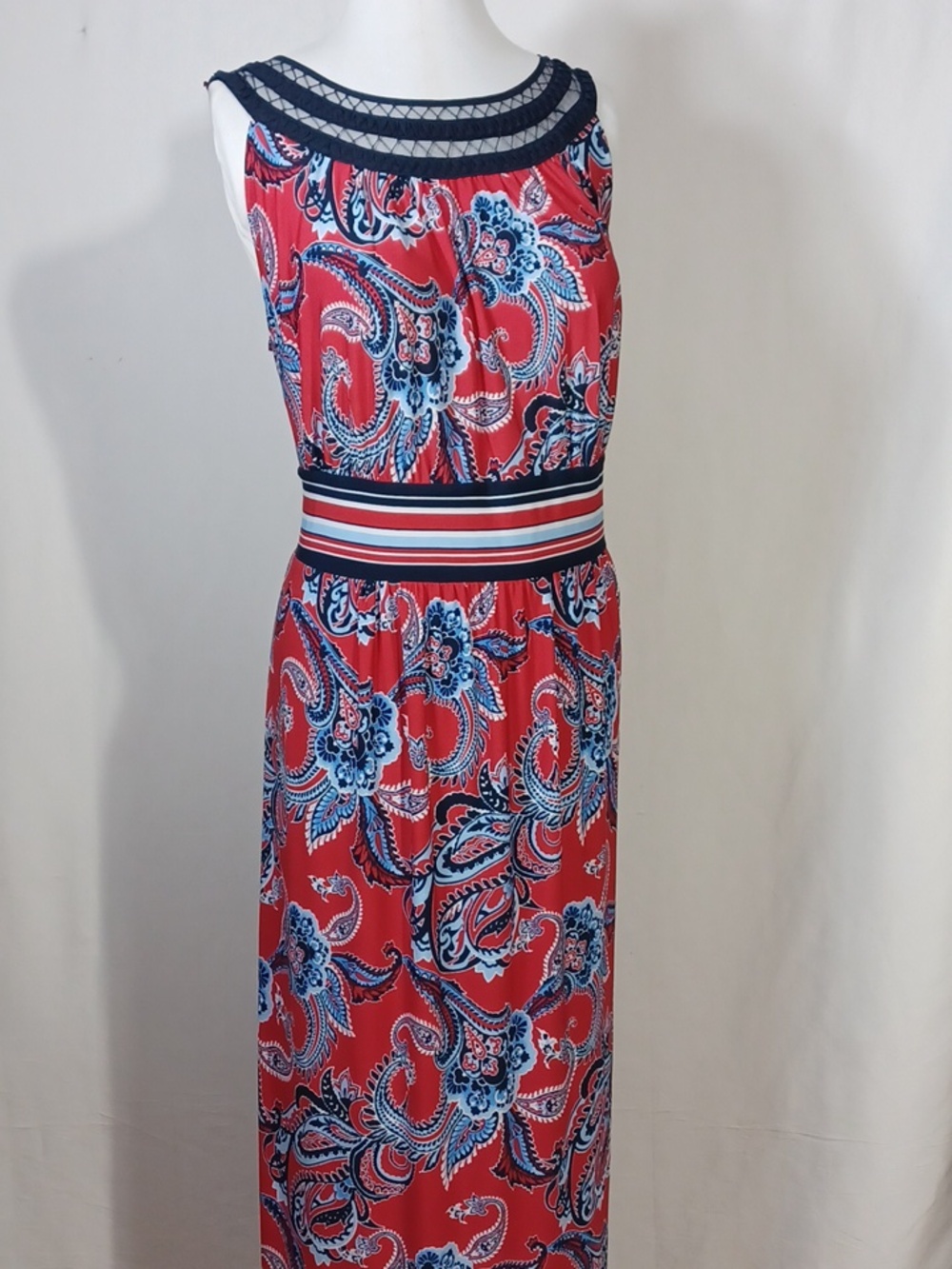 Roz & Ali Red Paisley Maxi Dress with Blue Trim